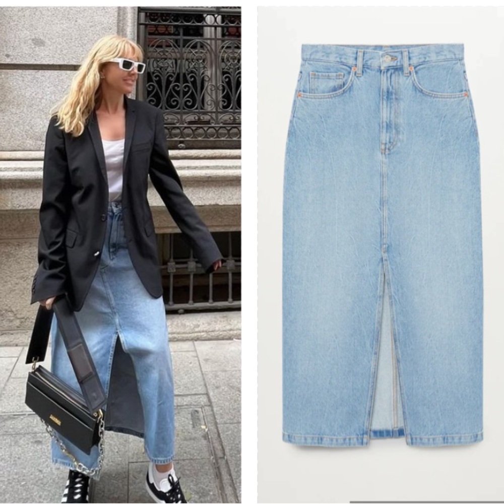 MANGO front slit denim skirt blogger fave zara competitor brand